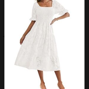 Merokeety White Smocked Midi Sundress with Puff Sleeves